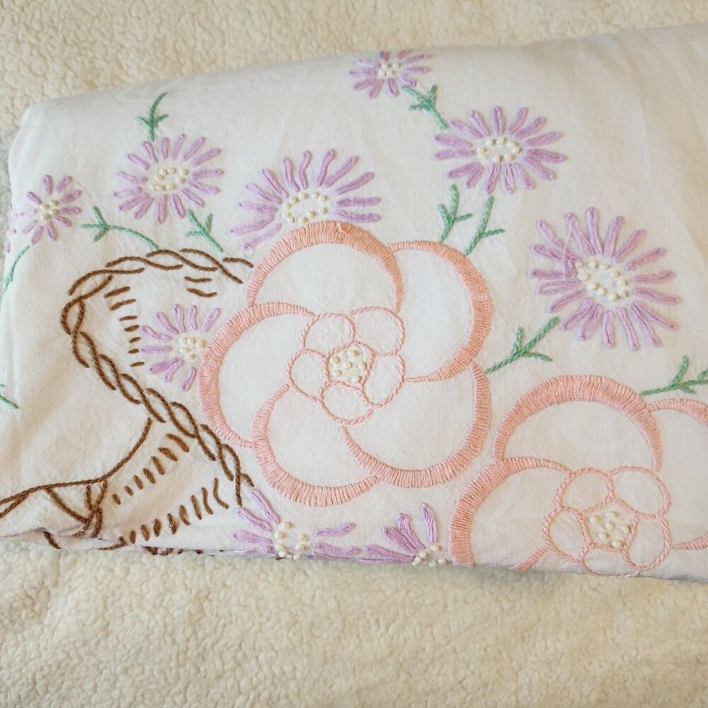 Vintage Hand Embroidered Floral Cottage White 101"x76" Flat Sheet Green Trim